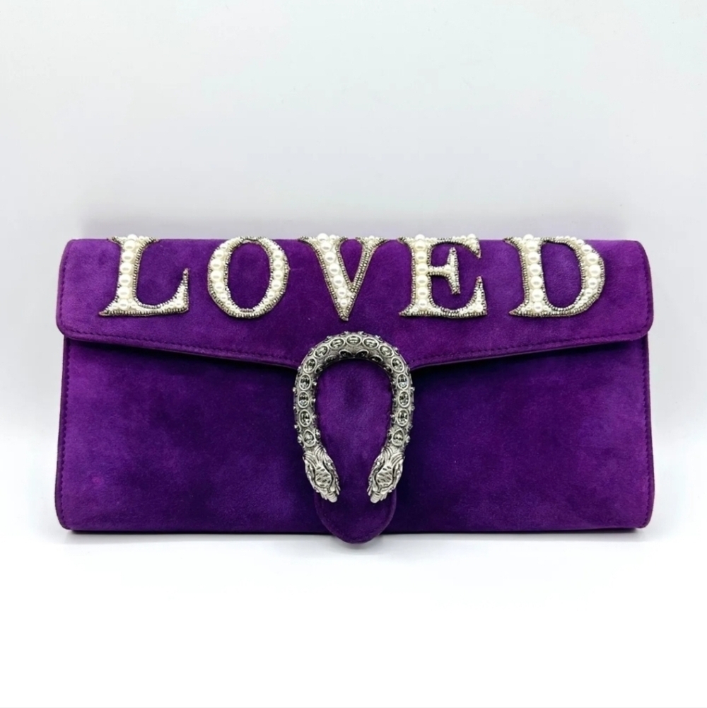 GUCCI Large Dionysus Loved Purple Suede Pearl Clutch, Rare!